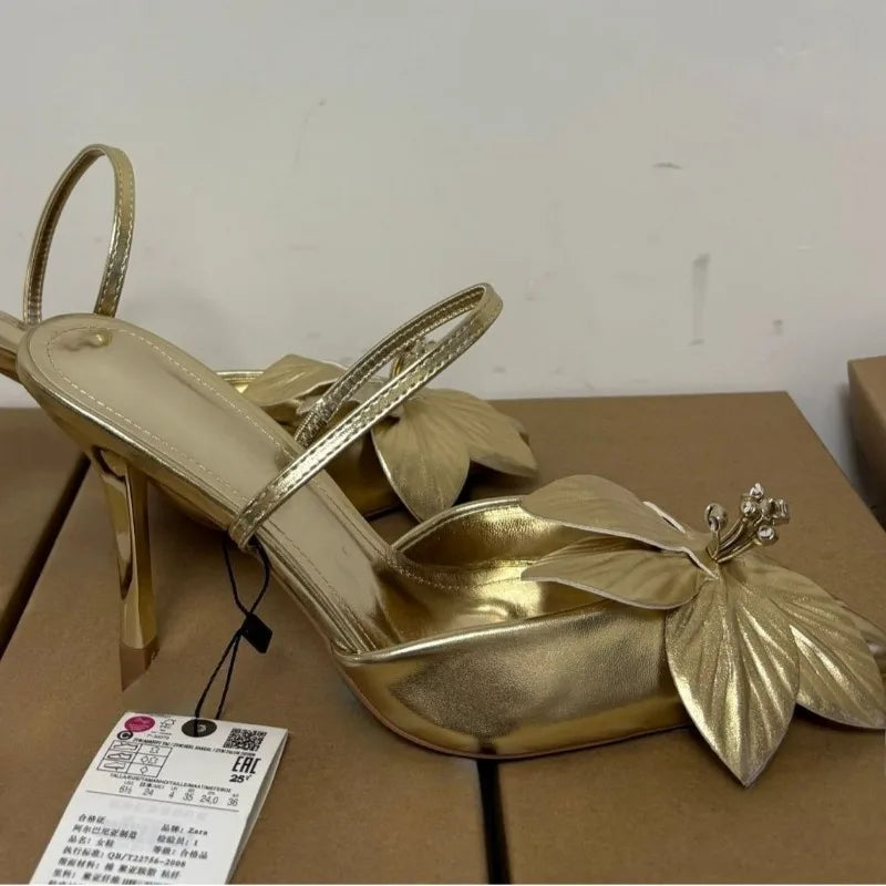 Golden Flower Wedding Party Ladies High Heels Shoes Sexy Pointed Toe Banquet Stiletto Unique Design Brand Women Modern Sandals