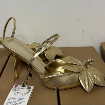 Golden Flower Wedding Party Ladies High Heels Shoes Sexy Pointed Toe Banquet Stiletto Unique Design Brand Women Modern Sandals
