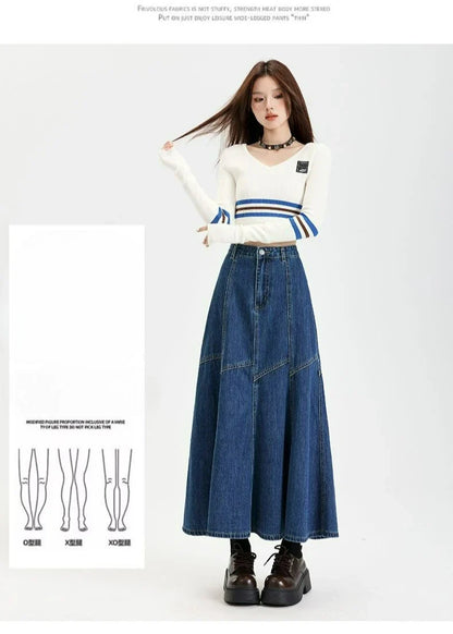 Women Blue A-line Denim Skirt Vintage Aesthetic Y2k Patchwork New Jean Skirt Harajuku Korean Cowboy Skirts 2000s Clothes Summer