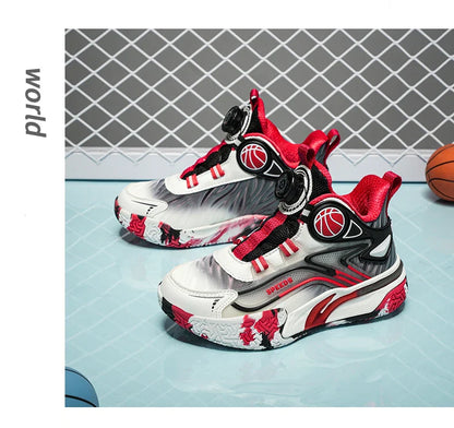 Children's basketball shoes boys' waterproof leather surface rotating buckle anti-slip and shock-absorbing student sports shoes