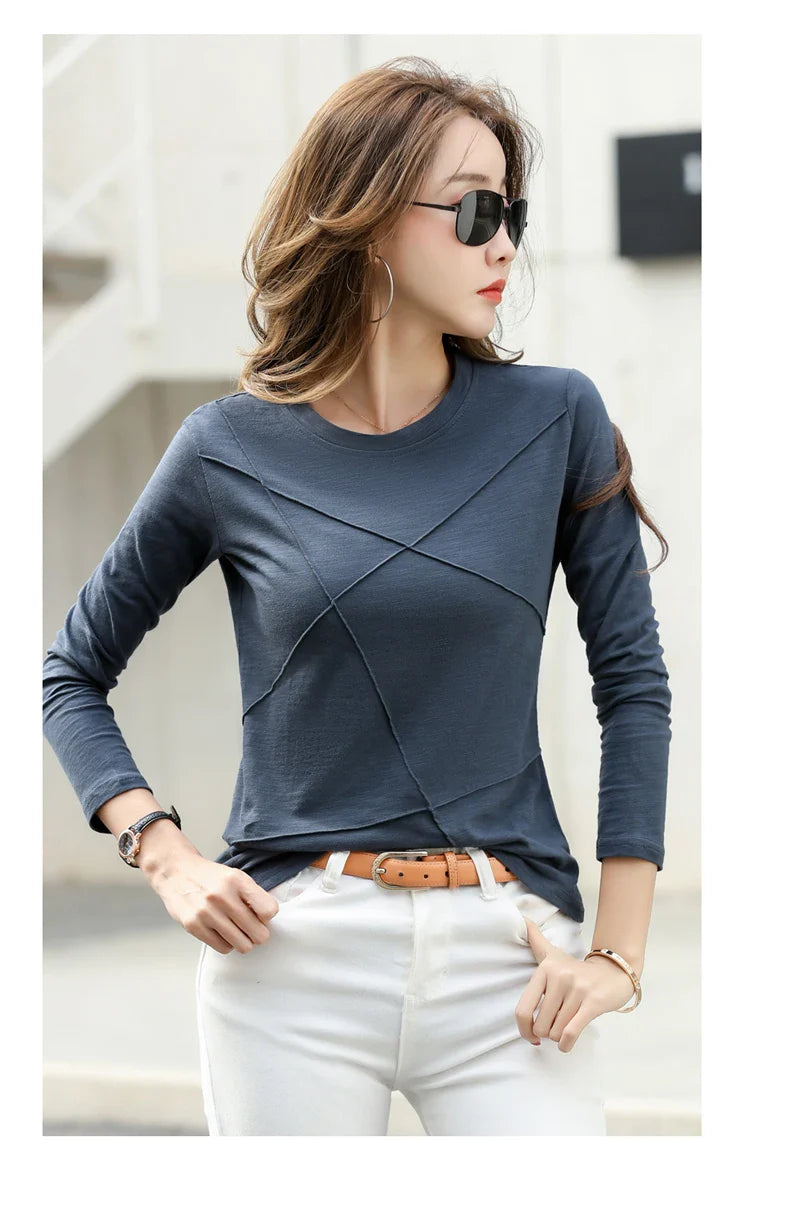2026 Spring Long Sleeve Women O-Neck Bamboo Cotton T-Shirt Elegant Loose Ribbed Fashion Tee Shirt Ladies Simple Tops