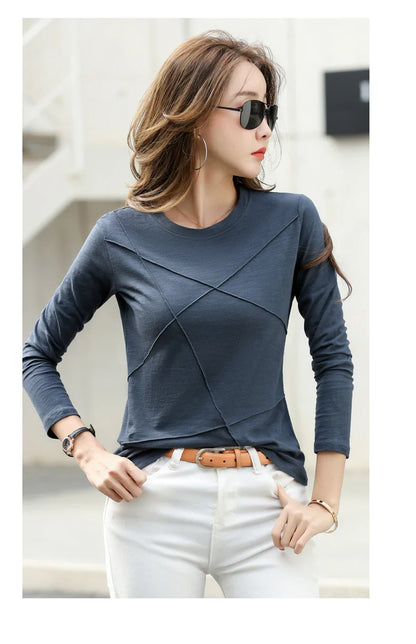 2026 Spring Long Sleeve Women O-Neck Bamboo Cotton T-Shirt Elegant Loose Ribbed Fashion Tee Shirt Ladies Simple Tops