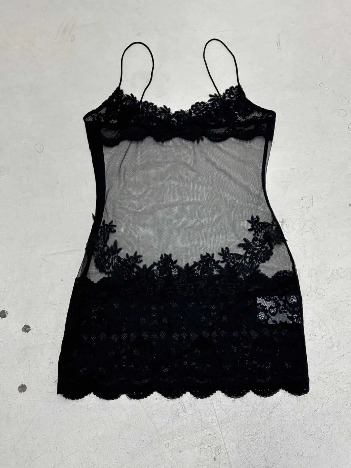 Lace Transparent Mini Dress Sexy Women Wrapping Spaghetti Embroidery Flower Sheath Nightwear Club Mesh Wave Fantacy