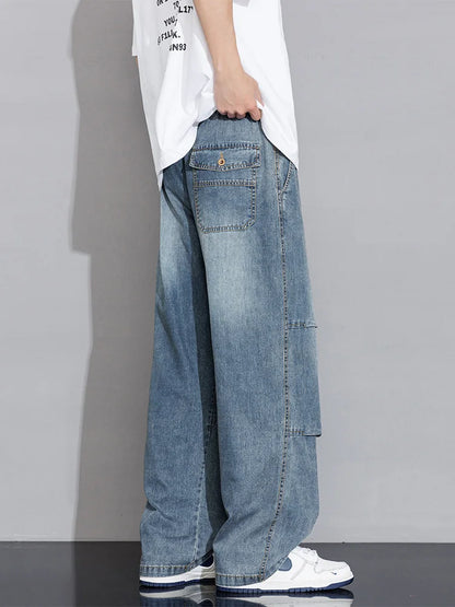 Men's Cargo Jeans 2026 New Spring Summer Wide Leg Denim Pants Straight Baggy Jeans Asian Size L-5XL