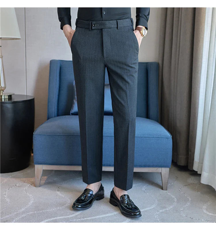 Men's Wool Blend Dress Pants, Elastic Waist Business Trousers, Tapered Slim Fit, Charcoal Gray Black Navy