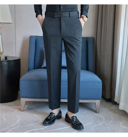 Men's Wool Blend Dress Pants, Elastic Waist Business Trousers, Tapered Slim Fit, Charcoal Gray Black Navy