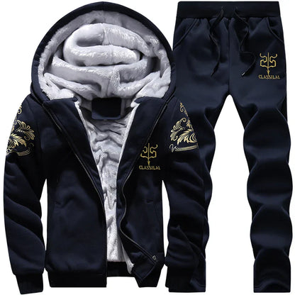Wolf Czuadlte2024New Winter Men's Sports Set Casual Pants Hooded Sweater Youth Large Plus Plush Thickened Cardigan Two Piece Set