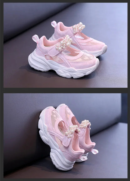 Girls Tennis Shoes Mesh Hollowed 2024 Summer New Children Solid Color Pearl Sports Shoes Kids Princess Sneakers Cute Heart
