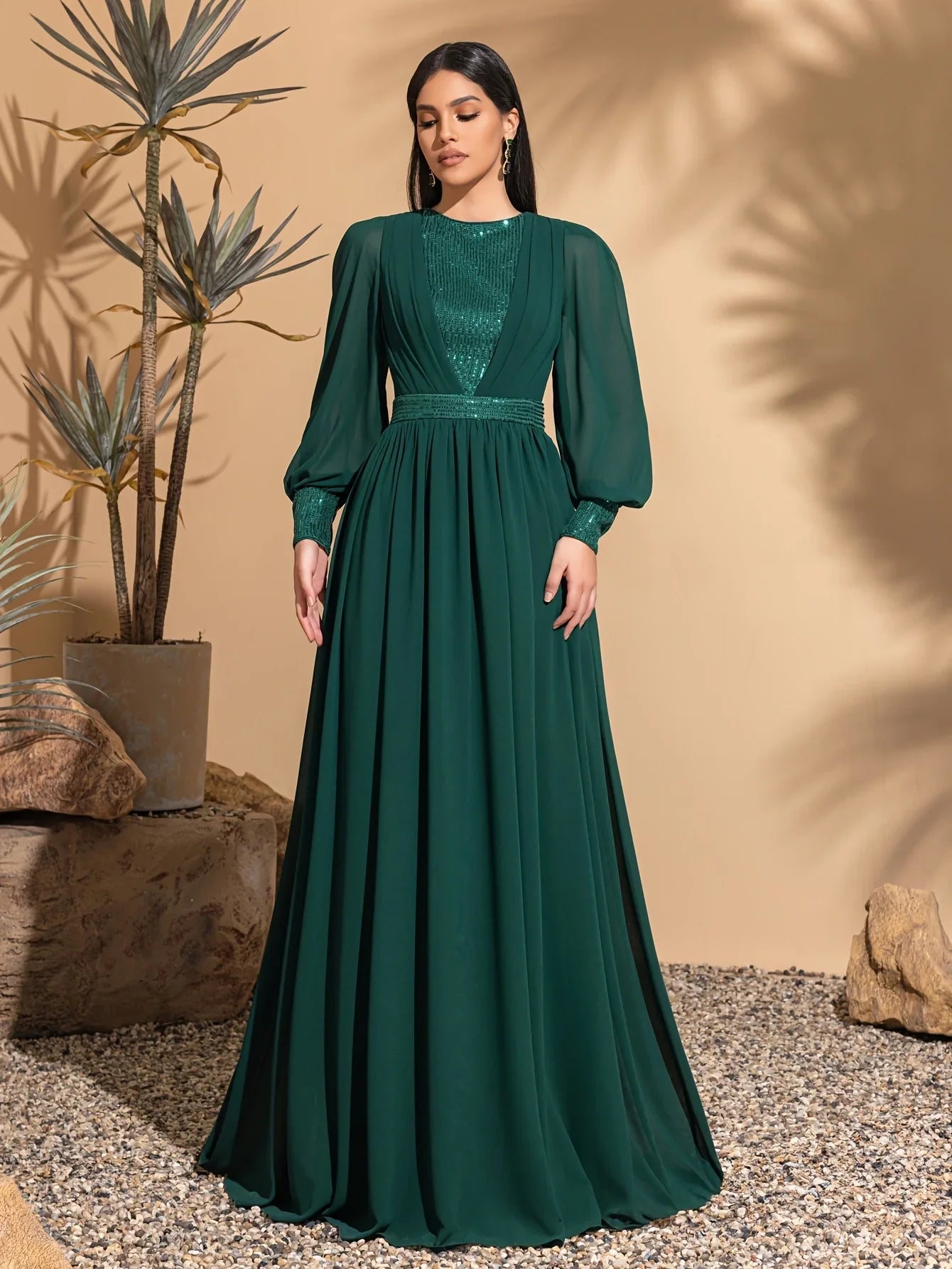 Long sleeve mesh sequins stitching elegant party dress, ladies maxi dress, party dress