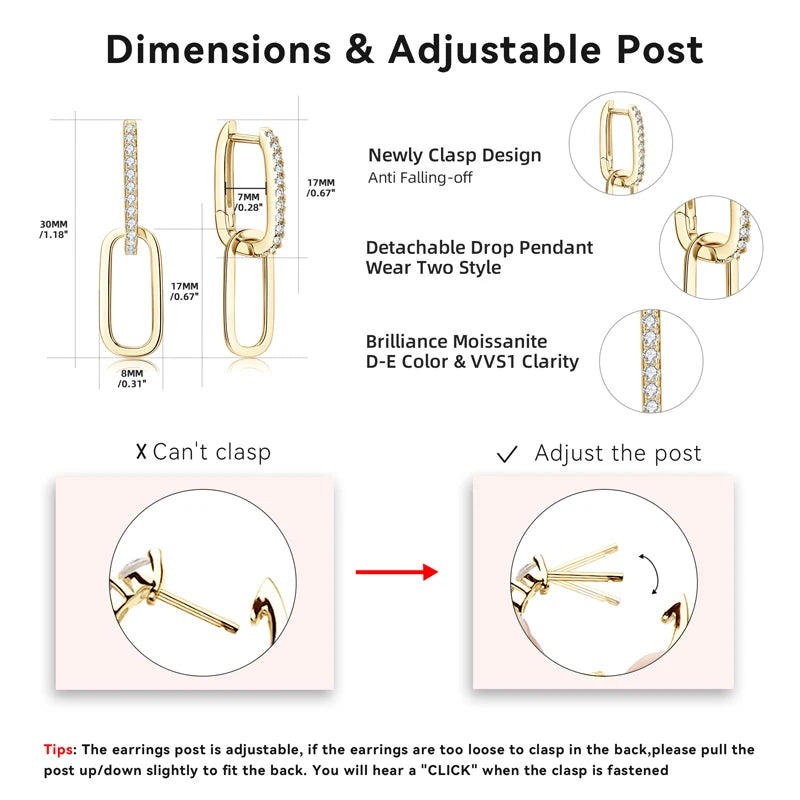 Moissanite Paperclip Link Earrings for Women Silver 925 Real 1.4mm D Color Diamond Huggie Hoop Earrings 2023 Trend Jewelry