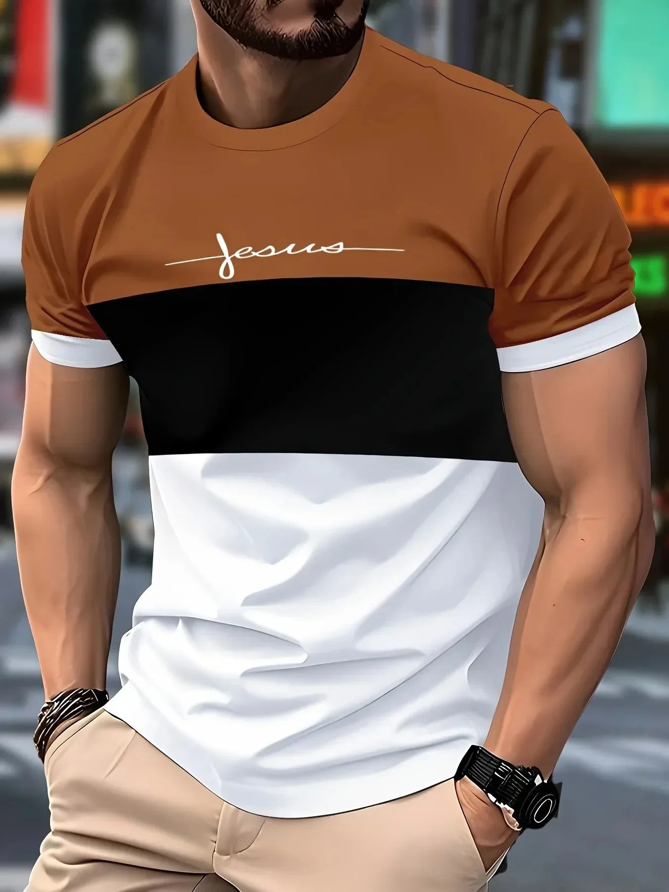 2026 Fashion Letter Printed T-shirt Color Block Casual Short Sleeve Tops Summer Breathable Crew Neck T Shirt Street Man Clothes