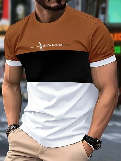 2026 Fashion Letter Printed T-shirt Color Block Casual Short Sleeve Tops Summer Breathable Crew Neck T Shirt Street Man Clothes