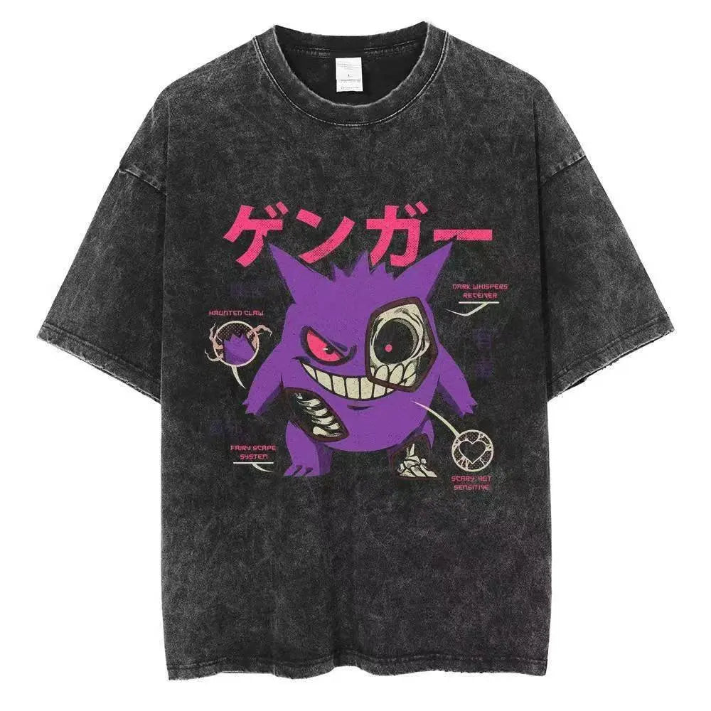 2026 Anime Washed Vintage Summer Gengar Short Sleeve Tee Graphic T-Shirt Man Women Cosplay Casual Tops Y2k Streetwear