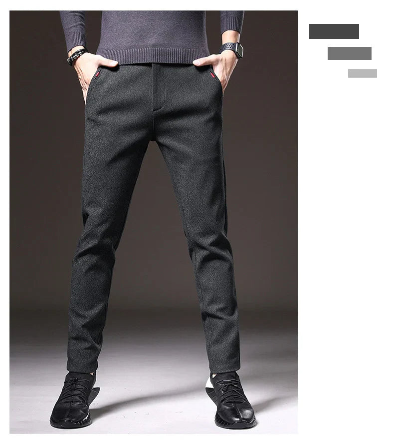 Autumn Winter Thick Men's Casual Pants Brushed Fabric Straight Slim Business Fashion Trousers Stretch Korean Male Clothing