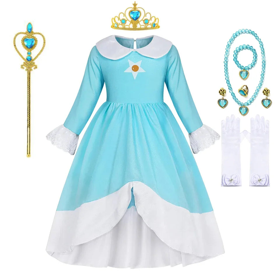 Rosalina Dress Girls Peach Cosplay Kids Party Princess Costume Birthday Blue Dresses Children Clothing