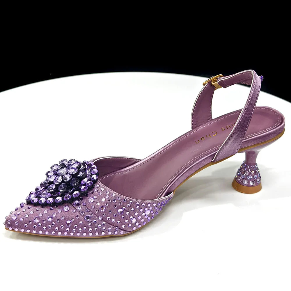 Italian Luxury Rhinestone Taro Purple Pointed Toe High Heel Shoe & Bag Set for Women - Perfect for Parties