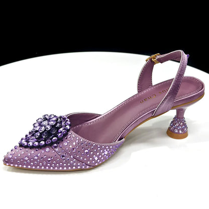 Italian Luxury Rhinestone Taro Purple Pointed Toe High Heel Shoe & Bag Set for Women - Perfect for Parties