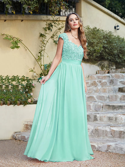A-line V Neck Sleeveless Floral Lace Chiffon Back Hollow Long Paty Bridesmaid Dress Women 2024 For Wedding Sexy Evening Dress
