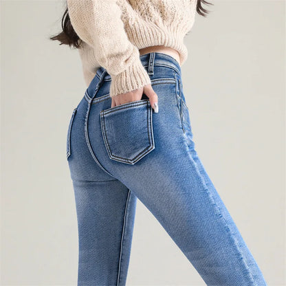 Women Thermal Jeans Winter Snow Warm Plush Stretch Jeans Lady Skinny Thicken Fleece Denim Long Pants Retro Blue Pencil Trousers