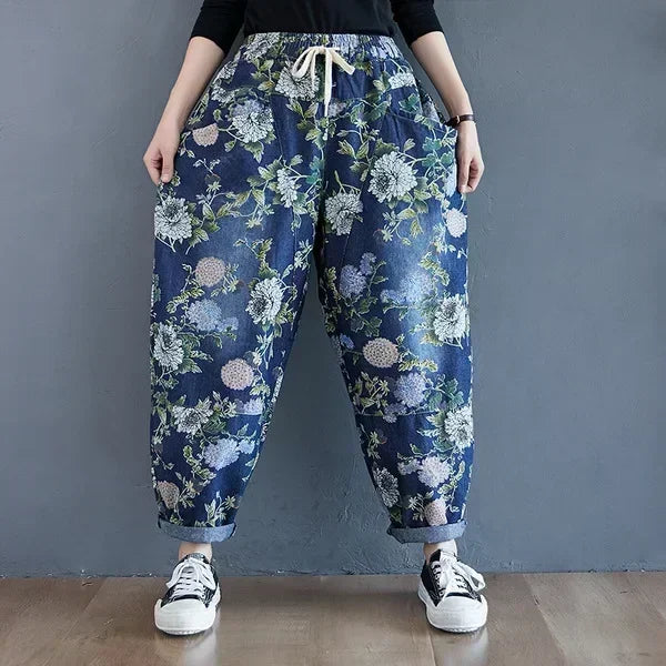 Women Ankle-length Jeans Fashion Harajuku Vintage Print Casual Trouser