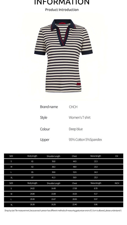 Fashion Stripe Knitted Polo Neck T Shirt For Women Soft Chic Short Sleeve Casual Pullovers 2025 Summer New Lady Street Tops