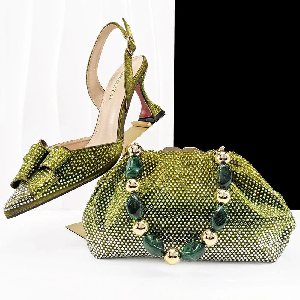 Fashion Newest Full of Rhinestone Design Olive Color Lady Sheos and  Metal bead-embellished handbag Set for Parrt Wedding