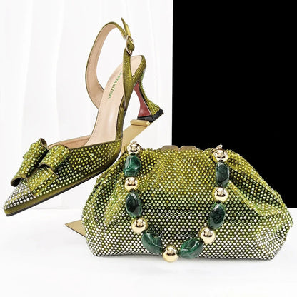 Fashion Newest Full of Rhinestone Design Olive Color Lady Sheos and  Metal bead-embellished handbag Set for Parrt Wedding