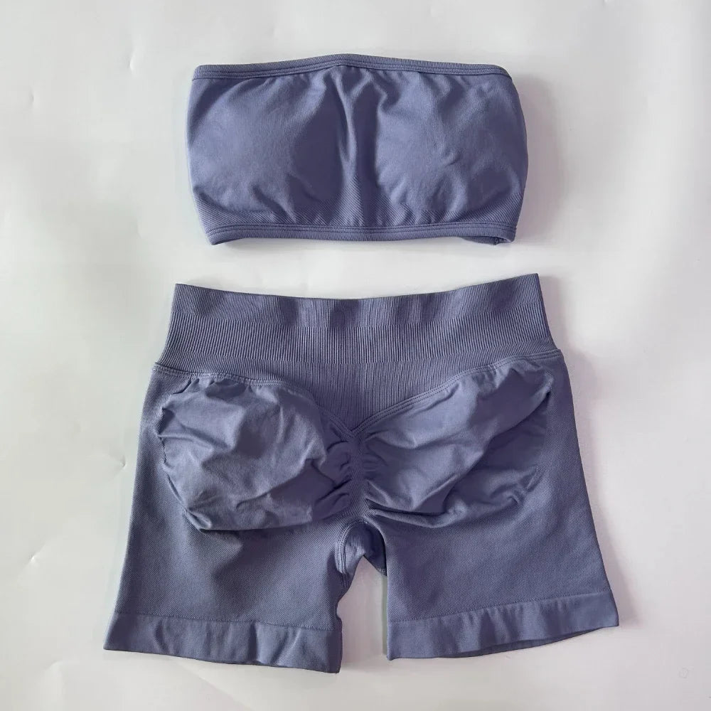 No Logo Women 2 Pieces Yoga Set Backless Bandeau Sports Bra Scrunch Shorts Yoga Clothing Gym Set Workout Clothes Outfits Sets