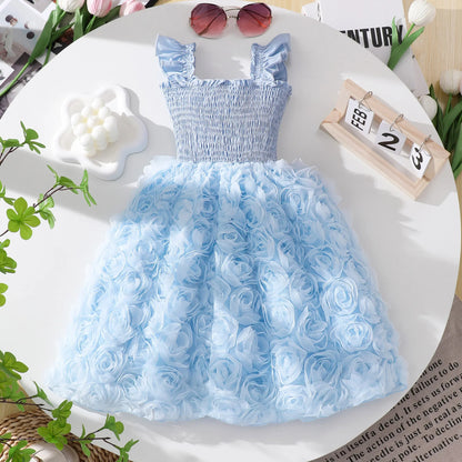 Girls' Sky Blue Tulle Dress - 3D Rose Appliqué Skirt, Pearl Buttons Vintage Chic Party Gown