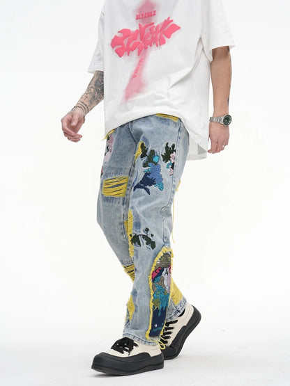 Chinese Painting Embroidered Patch Denim Ripped Jeans for Men Streetwear Pleated Tassels Distressed Destroyed Jean Straight Male