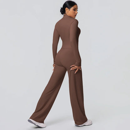 2pieces Quick Drying Sports Fitness Clothing Yoga Set Women Yoga Zipper Long Dleeves High Waisted Breathable Wide Leg Pants Set