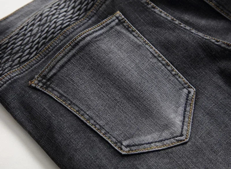 Calça Jeans Masculina Nova Casual Moto Hip Hop Rua Equitação Elástica Slim Reta Patchwork Moda Calças Jeans Masculinas