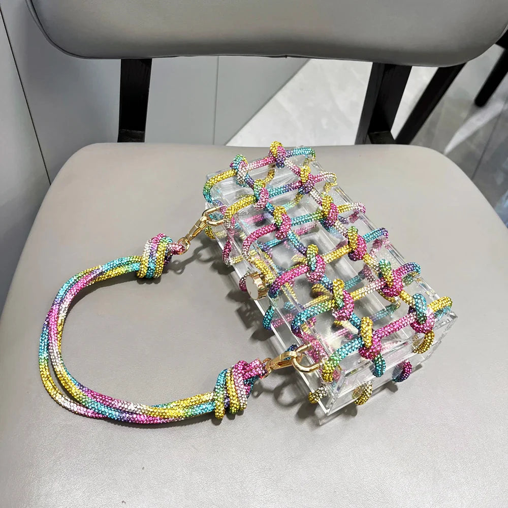 Bolsa de Noite com Alça e Strass Prateada de Cristal Feita à Mão para Mulheres, Bolsas e Bolsas de Mão de Designer de Luxo para Banquete