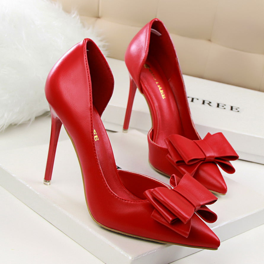 Women 7.5cm 10cm High Heels Korean Pumps Scarpins Cute Bow Middle Low Heels Lady Fetish Sweet Wedding Bridal Yellow Blue Shoes