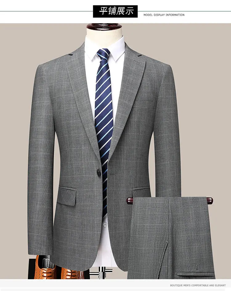 Suits (blazer+ Pants) Men Fashion Business Casual Solid Color Korean Version Slim-fit Plaid Gentleman Wedding Work S-5XL
