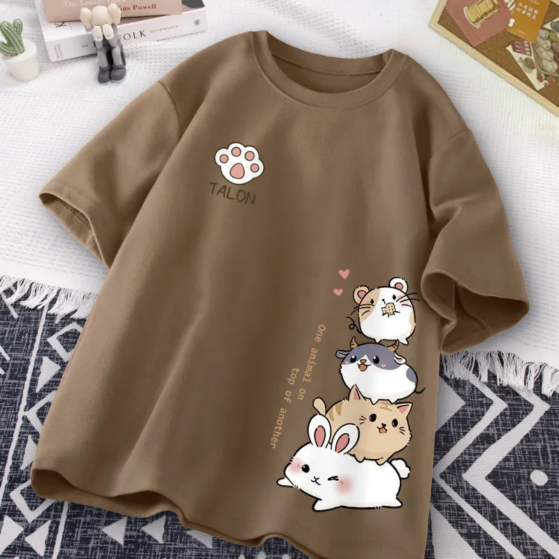 Camiseta Feminina Estilo Hamster Japonês Fofo Estampa Doce Uso Diário Manga Curta Solta Casual Adolescente Estudante Meia Manga Top