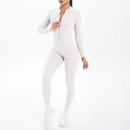 Solid Color Bodysuits for Woman's Backless Long Sleeved Zipper Yoga Jumpsuits High Dtrength Workout Sports Fitness Clothing Set