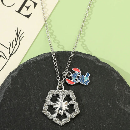 Stitch Cartoon Pendant Necklace Cute Filled Rhinestones Jewelry Personality Sweater Chain Gift for Fashion Lovers