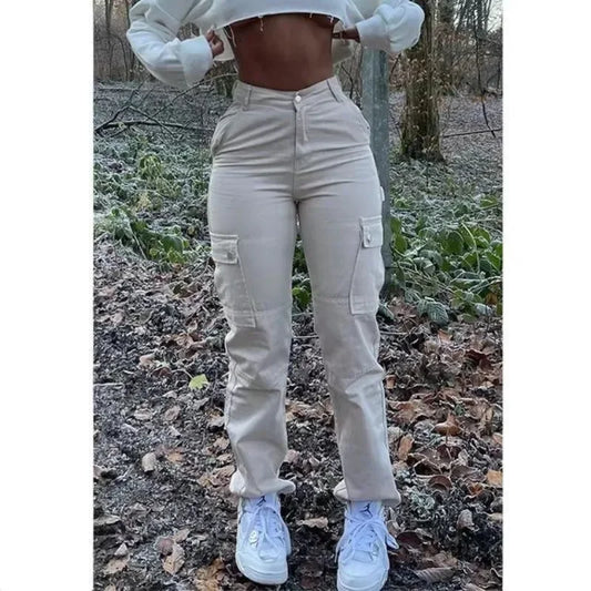 High Elasticity Solid Color Casual Multi Pocket Workwear Jeans for Women