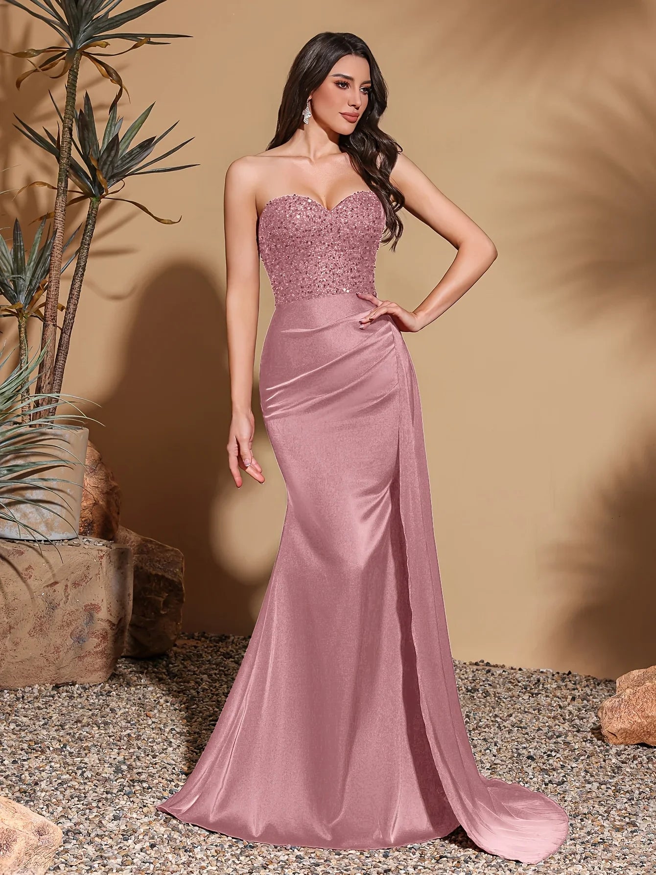 Satin waist pleated side flaps floor-length skirt, sequined spliced tube top dress