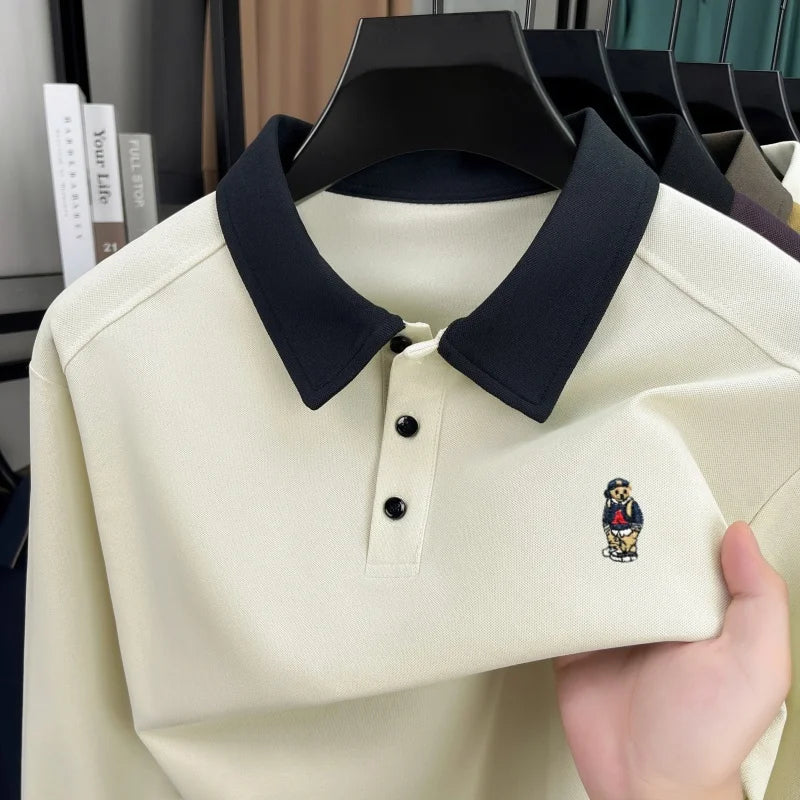 Premium luxury men's long sleeve polo shirt brand cartoon bear embroidery Korean style fashion comfort autumn new lapel T-shirt