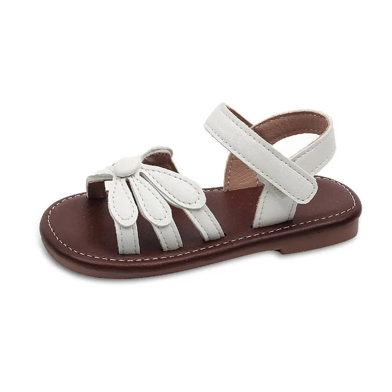 Girls Sandals Hook&loop Kids Beach Shoes Soild Color Versatile 2025 Summer Girls Princess Shoes Retro Sweet Flowers Korean Style