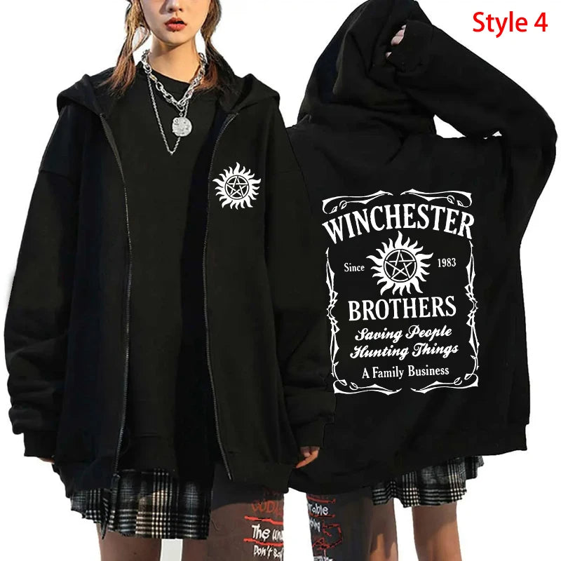 Fashion Unisex Autumn Winter Coat Supernatural Print Zipper Hoodie Casual Long Sleeve Tops Women Men Harajuku Zipper Sweatshirt