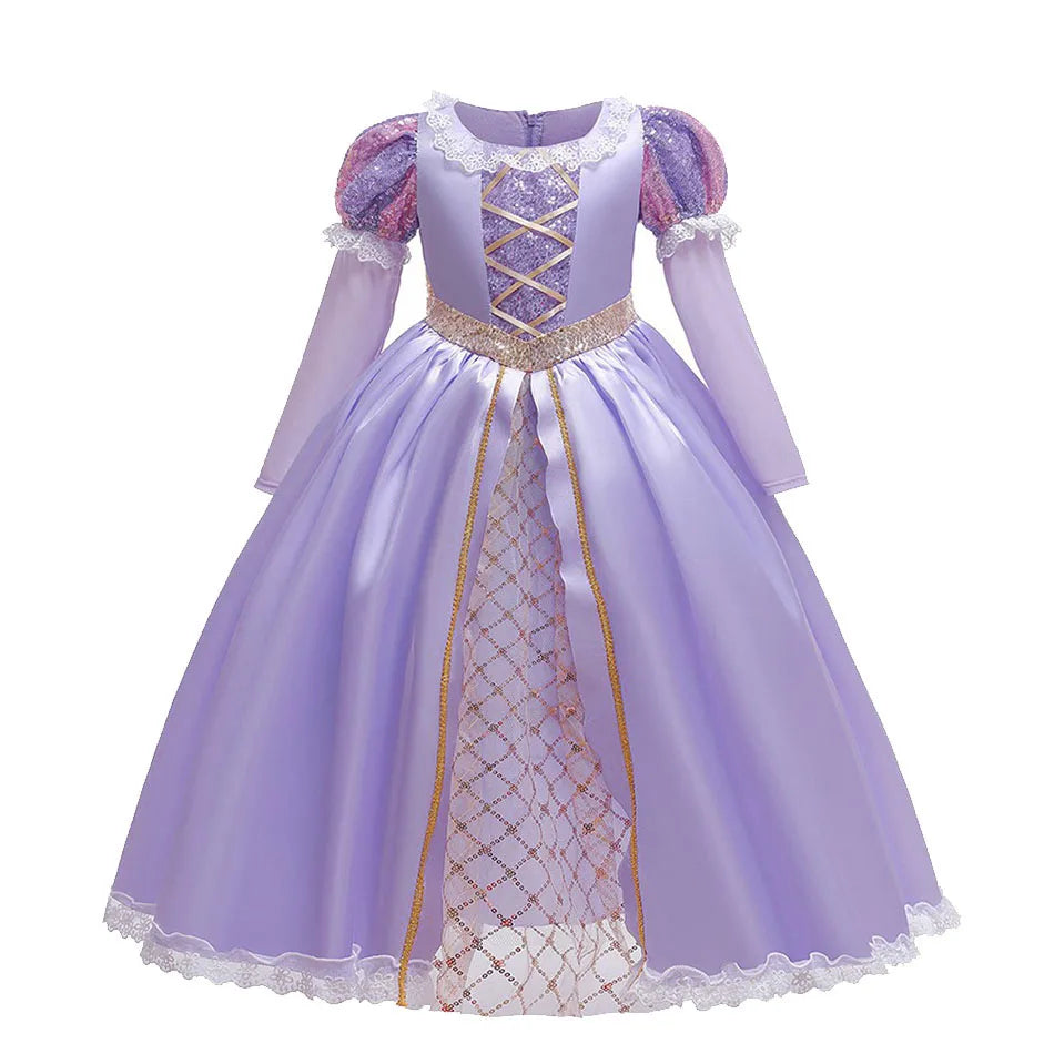 Girl Elegant Dress Kids Rapunzel Costume Children Halloween Birthday Sequin Tangled Dress Girl Carnival Lace Princess Party Gown