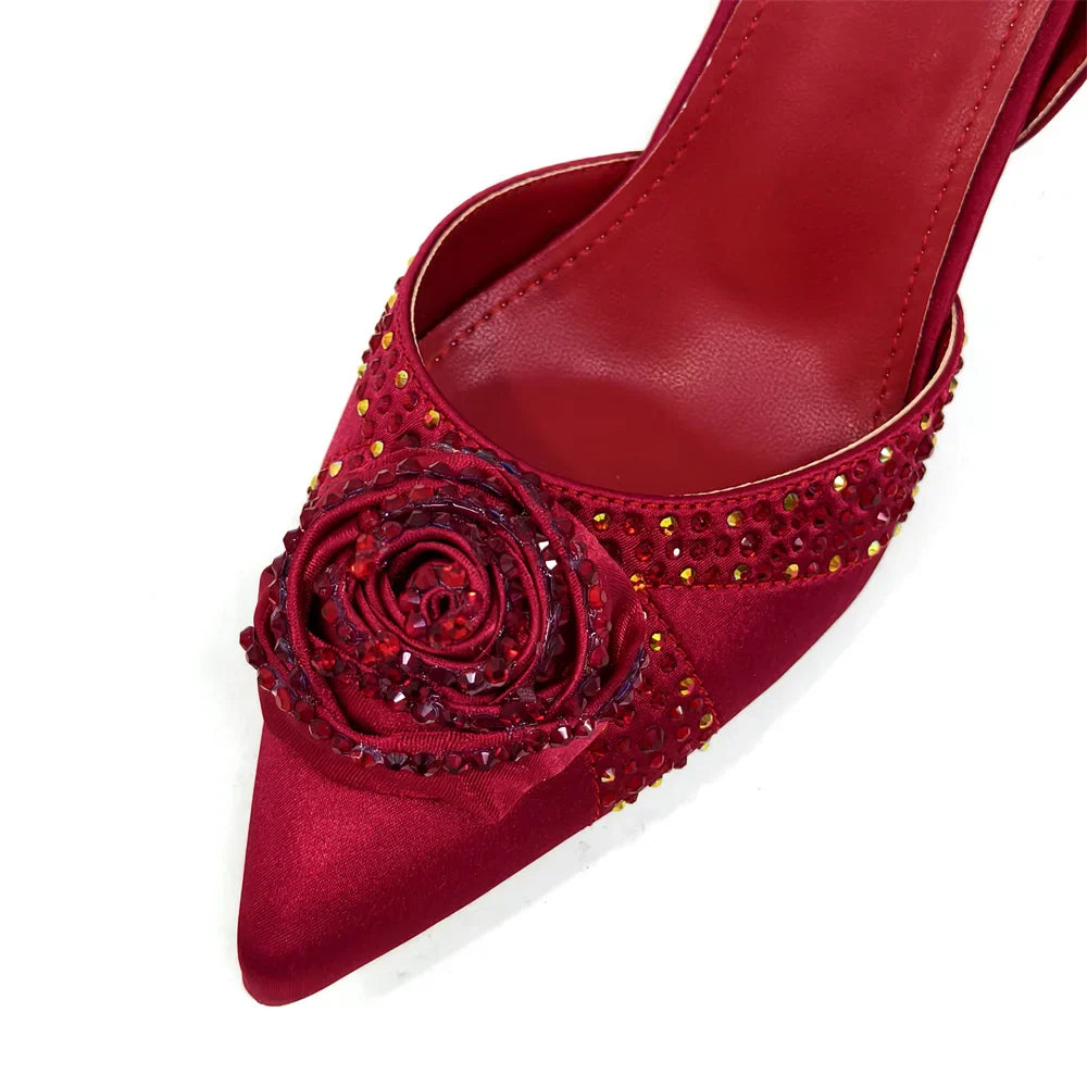 Elegant Rhinestone-Embellished Brown Heeled Shoes and Handbag Set for Women with Floral Decoration – Perfect Small Size Fashion