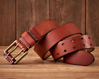 3.8cm Wide Vintage Men's Belt Cowhide Genuine Leather Belt Copper Double Needle Buckle Handmade Jeans Belt Fashion Male Strap