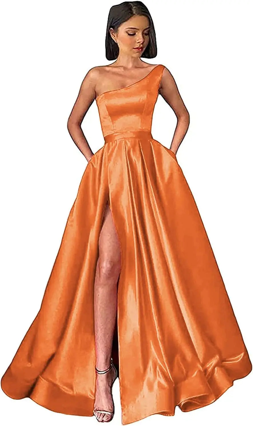 Women's One Shoulder Prom Dresses with Pocket High Slit Pleated Satin Corset Formal Gowns Evening Dress A Line Bridesmaid Gown
