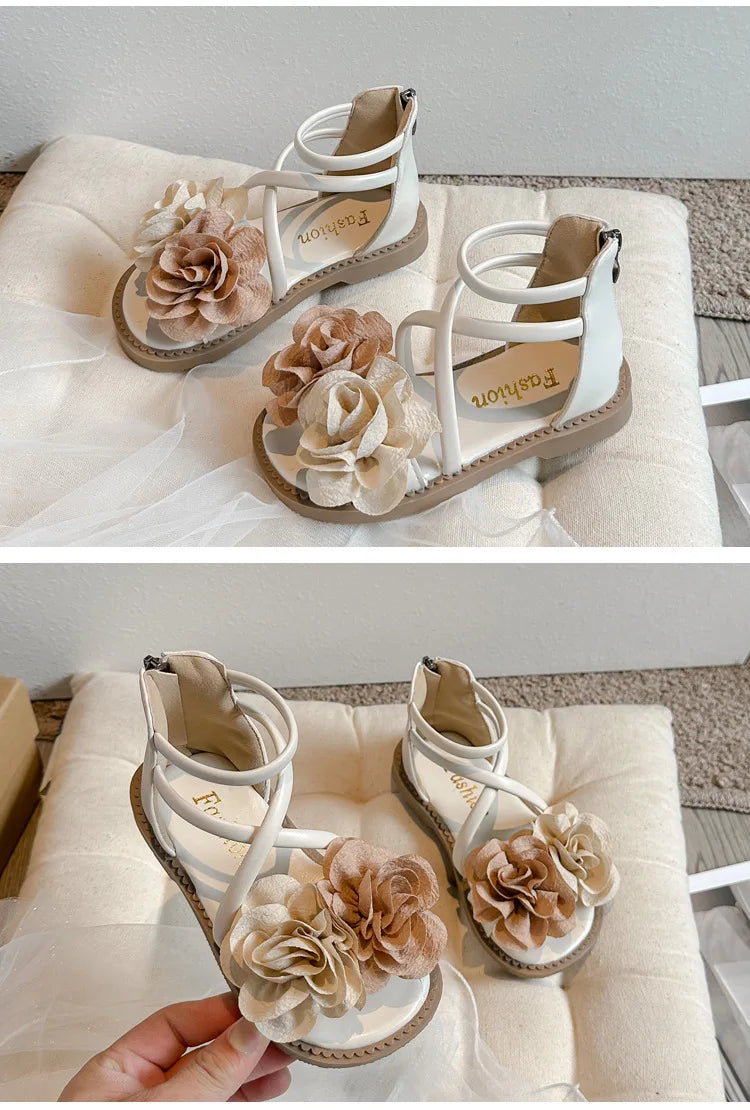 2025 Girls Sandals Summer New Flower Pearls Little Girl Princess Shoes Soft Bottom Non-slip Girl Kids Roman Sandals Shoes I03191