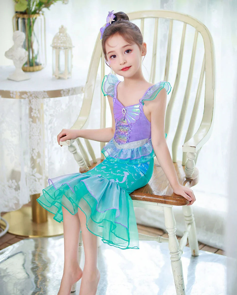 Ariel Cosplay Princess Costume Kids Cartoon Printed Dress Girls Halloween Children Carnival Birthday Party Clothes