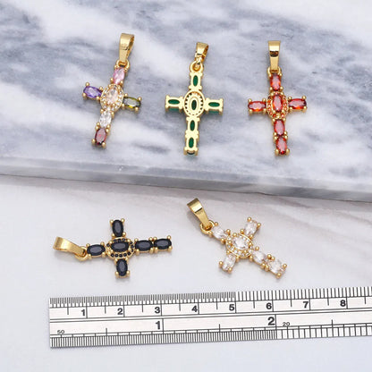 Big Rainbow Colorful Cross Pendants for Necklace Gold Plated  Copper Zircon Religious Jewelry Components pdta638